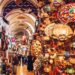 The dazzling display of hanging Turkish mosaic lamps and lanterns lining a corridor of the Grand Bazaar in Istanbul.